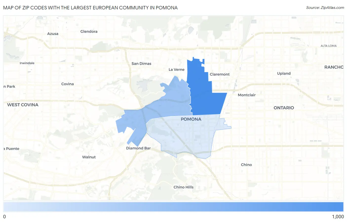 Zip Codes with the Largest European Community in Pomona Map
