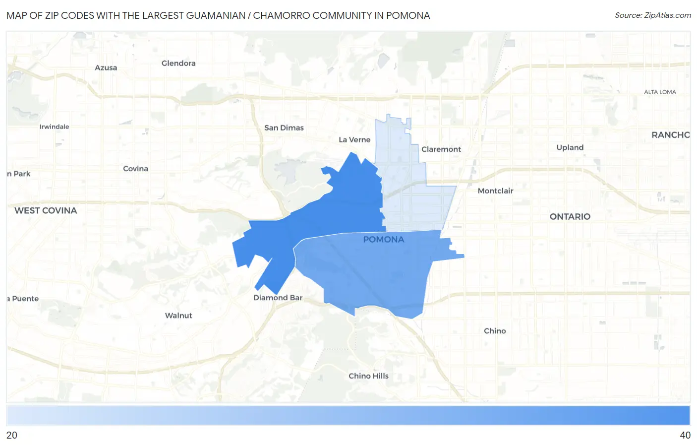 Zip Codes with the Largest Guamanian / Chamorro Community in Pomona Map