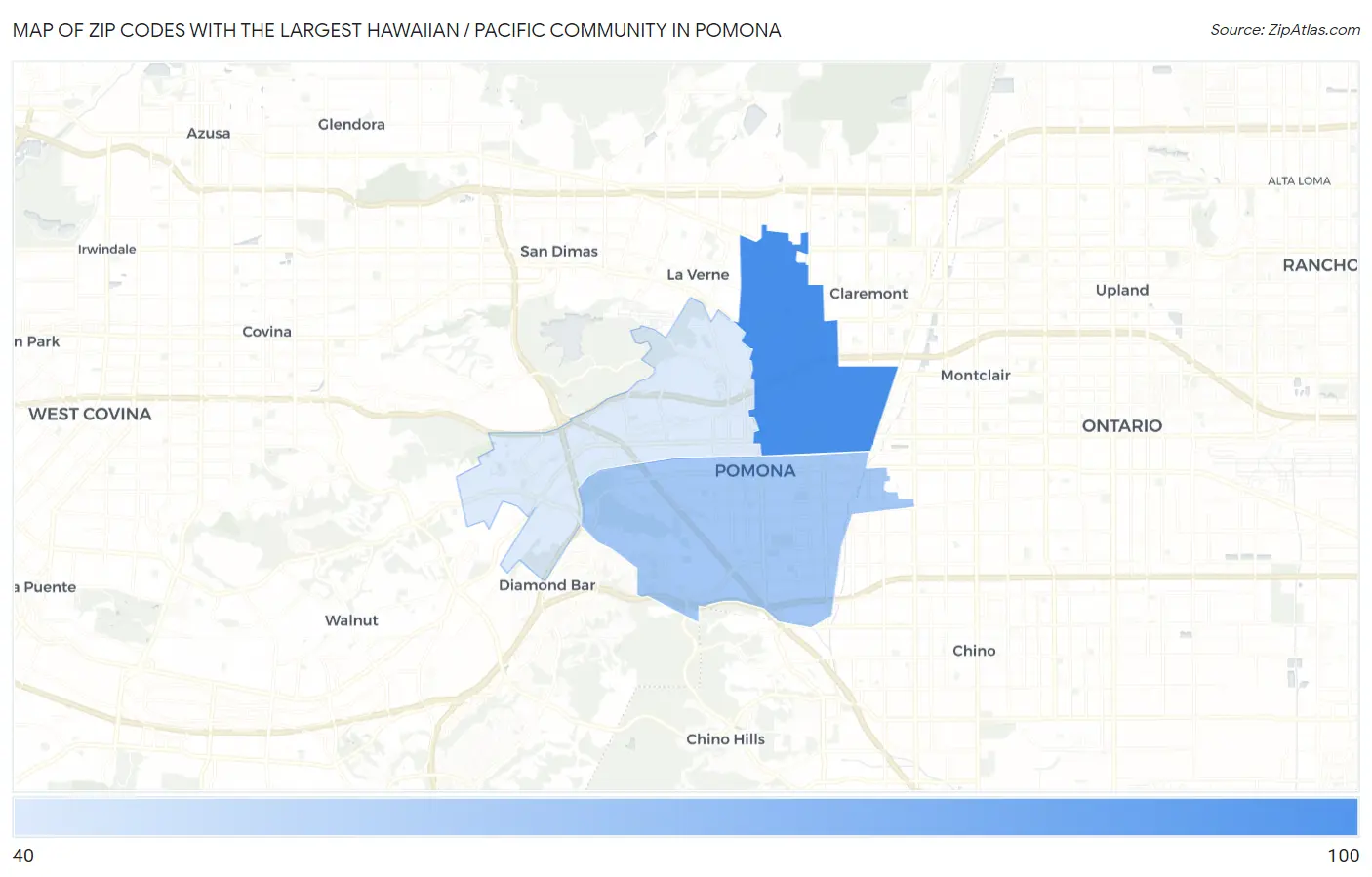 Zip Codes with the Largest Hawaiian / Pacific Community in Pomona Map