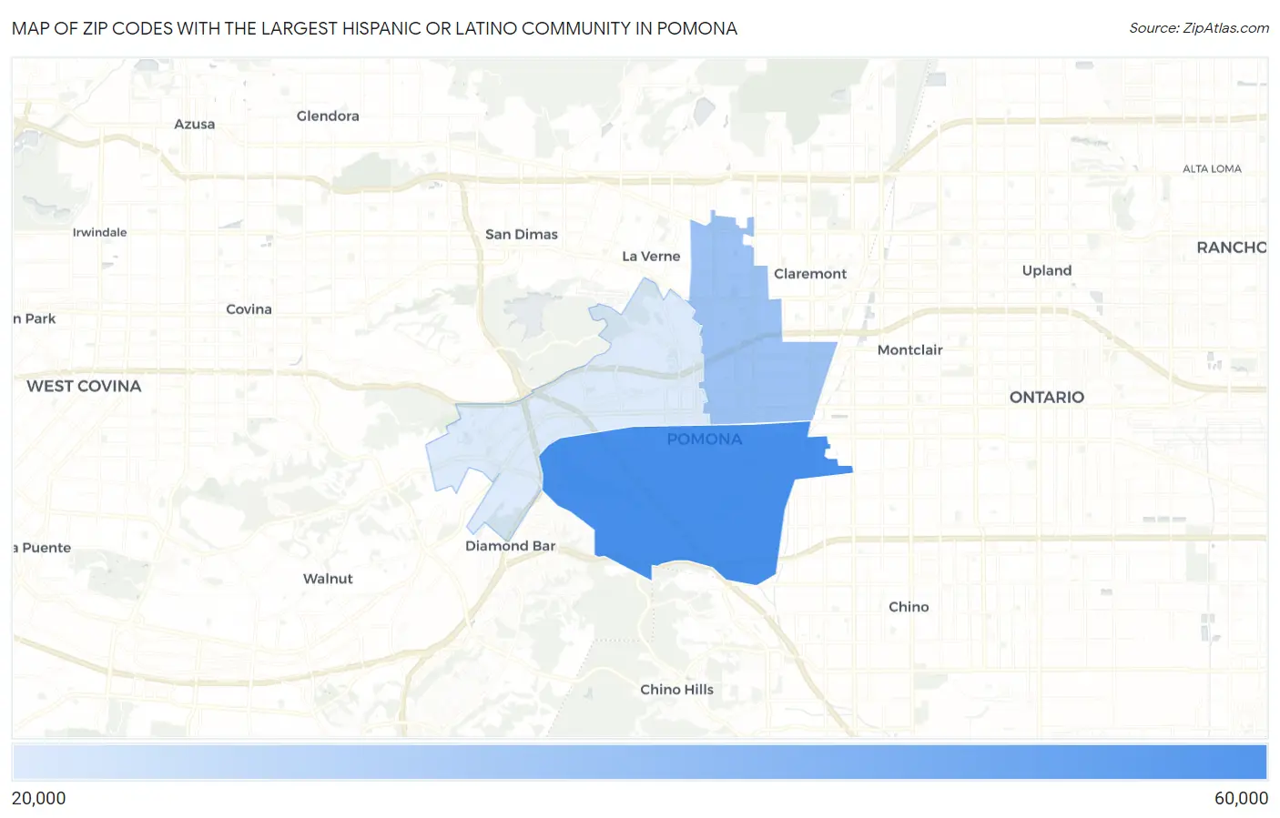 Zip Codes with the Largest Hispanic or Latino Community in Pomona Map
