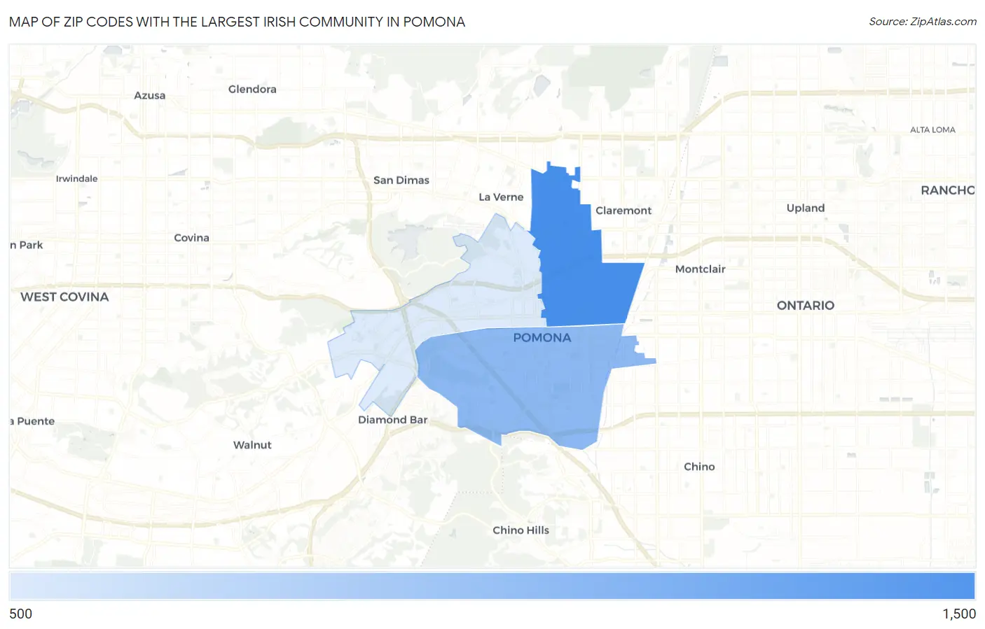 Zip Codes with the Largest Irish Community in Pomona Map