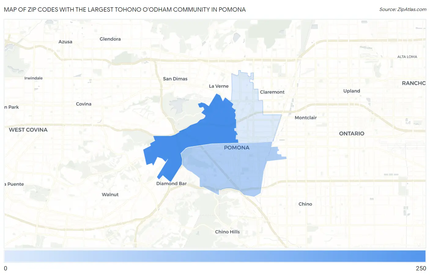 Zip Codes with the Largest Tohono O'Odham Community in Pomona Map