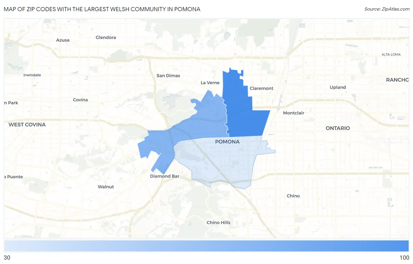 Zip Codes with the Largest Welsh Community in Pomona Map