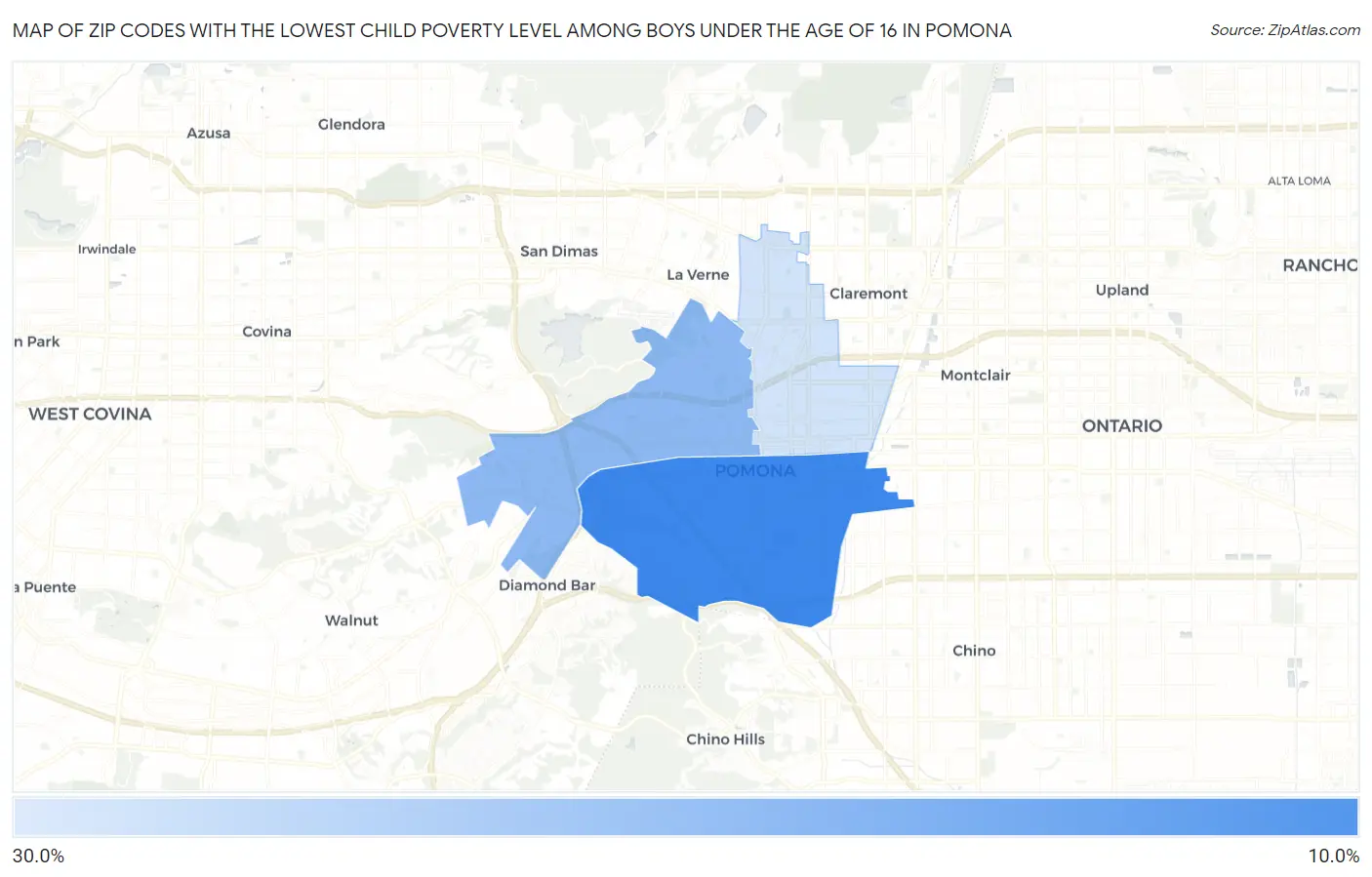 Zip Codes with the Lowest Child Poverty Level Among Boys Under the Age of 16 in Pomona Map