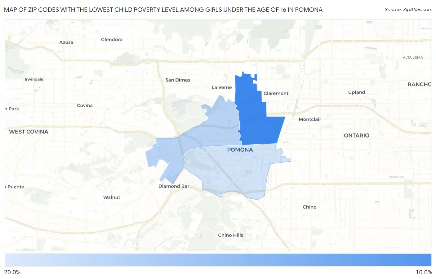 Zip Codes with the Lowest Child Poverty Level Among Girls Under the Age of 16 in Pomona Map
