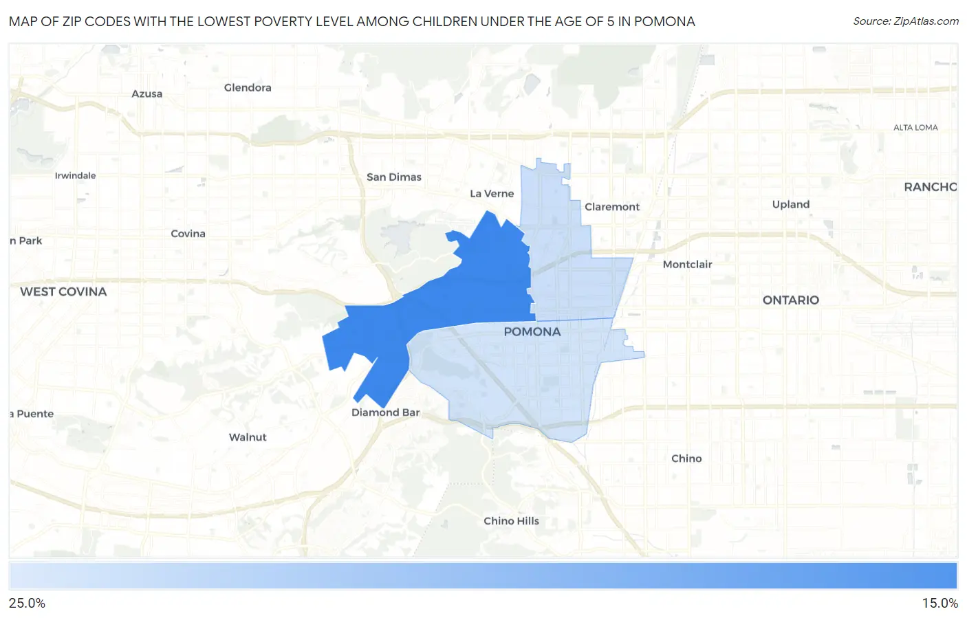 Zip Codes with the Lowest Poverty Level Among Children Under the Age of 5 in Pomona Map