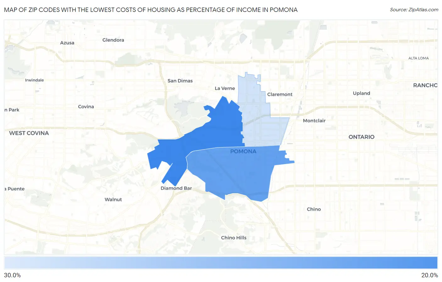 Zip Codes with the Lowest Costs of Housing as Percentage of Income in Pomona Map