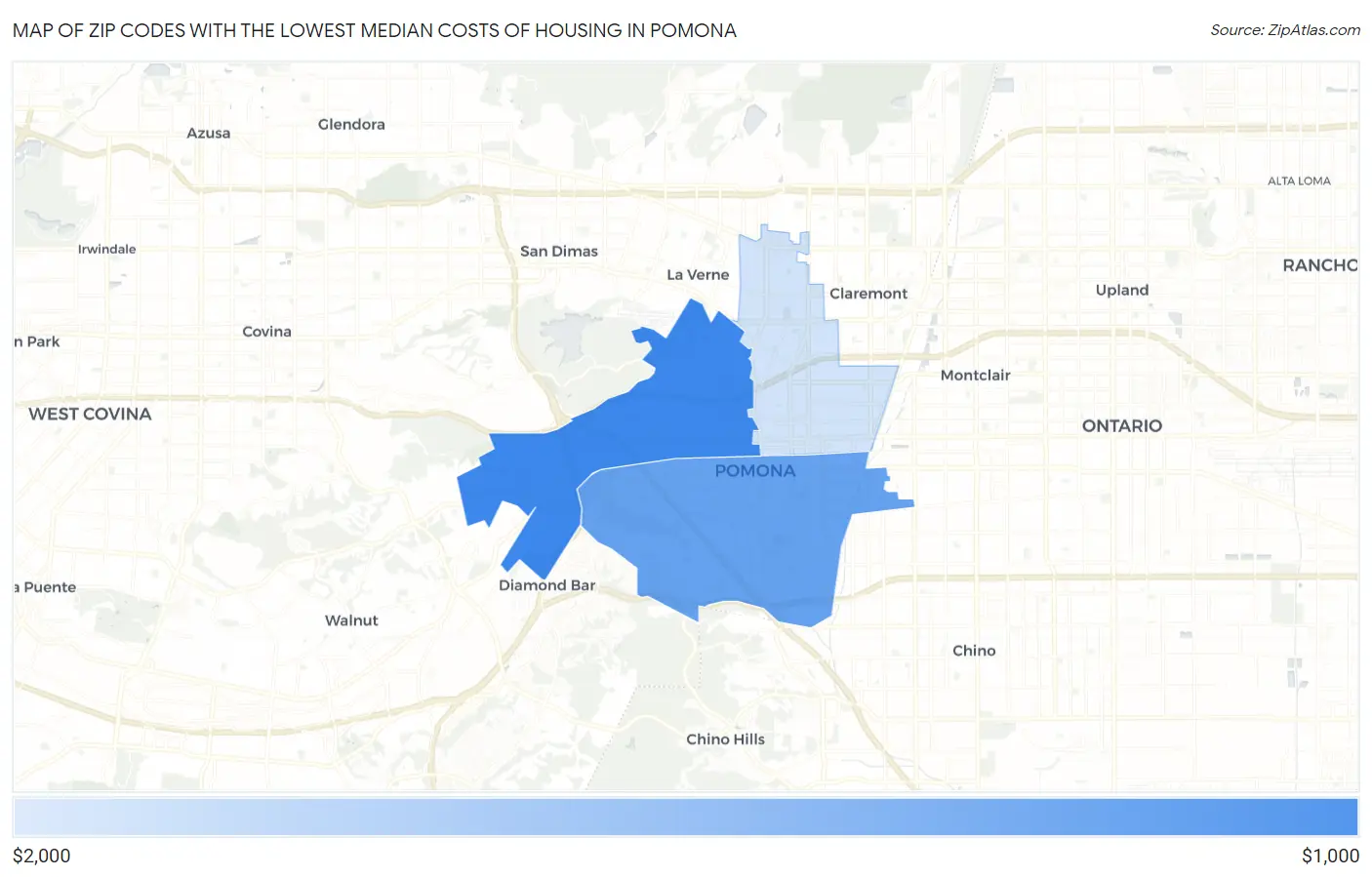 Zip Codes with the Lowest Median Costs of Housing in Pomona Map