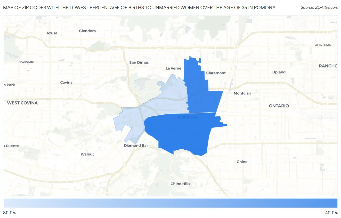 Zip Codes with the Lowest Percentage of Births to Unmarried Women over the Age of 35 in Pomona Map