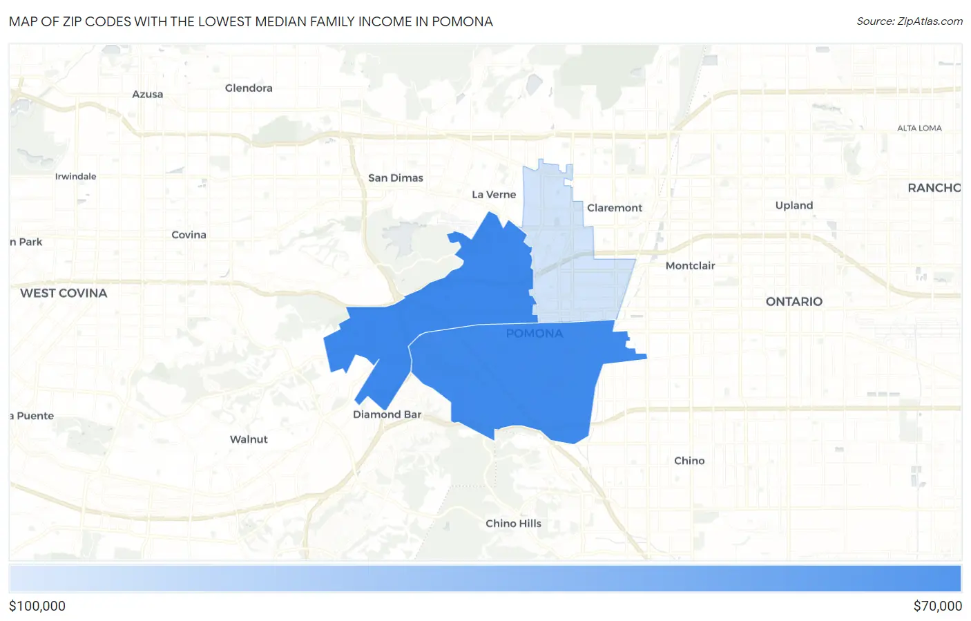 Zip Codes with the Lowest Median Family Income in Pomona Map