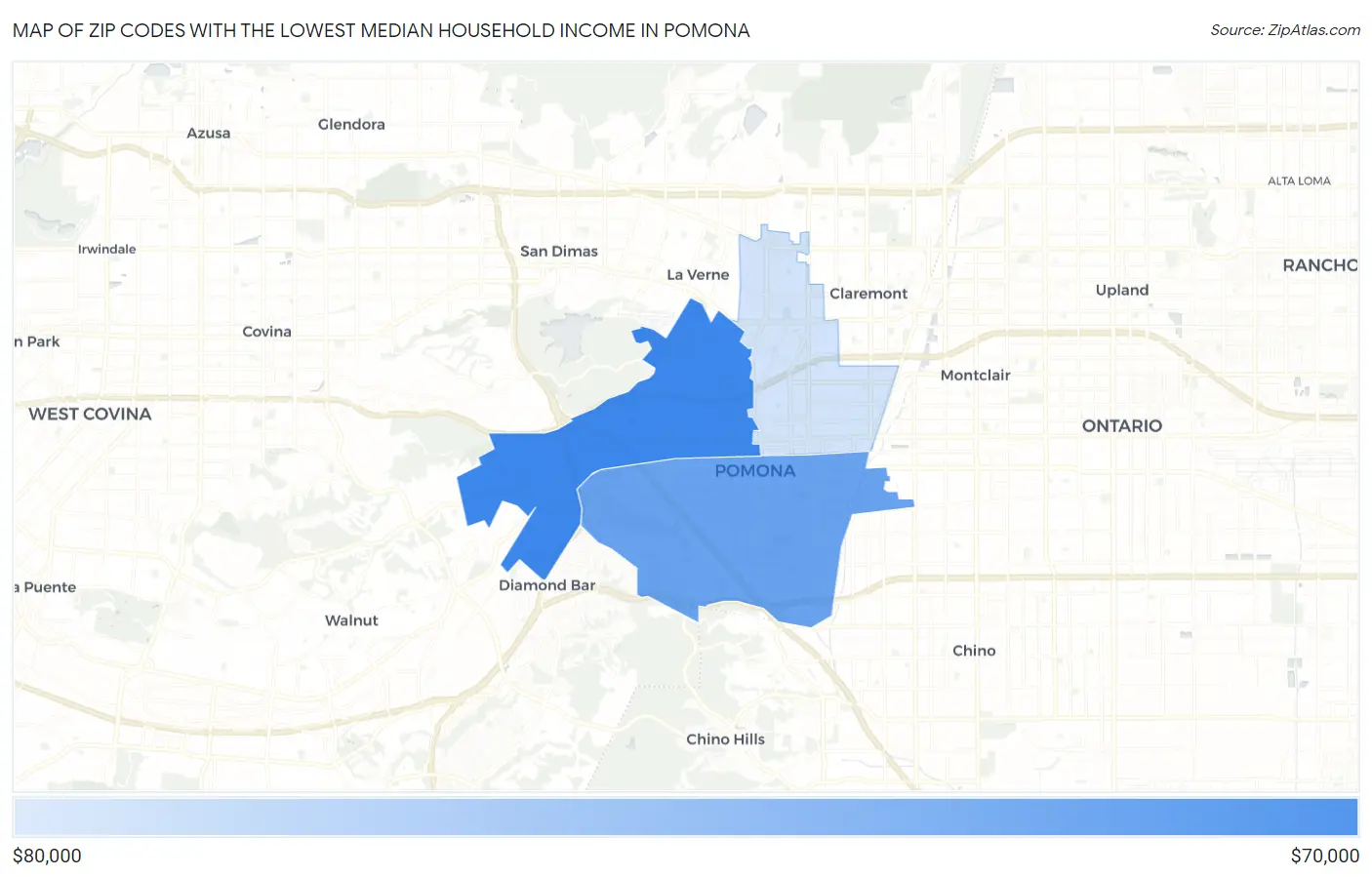 Zip Codes with the Lowest Median Household Income in Pomona Map