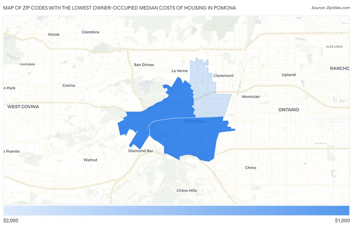 Zip Codes with the Lowest Owner-Occupied Median Costs of Housing in Pomona Map