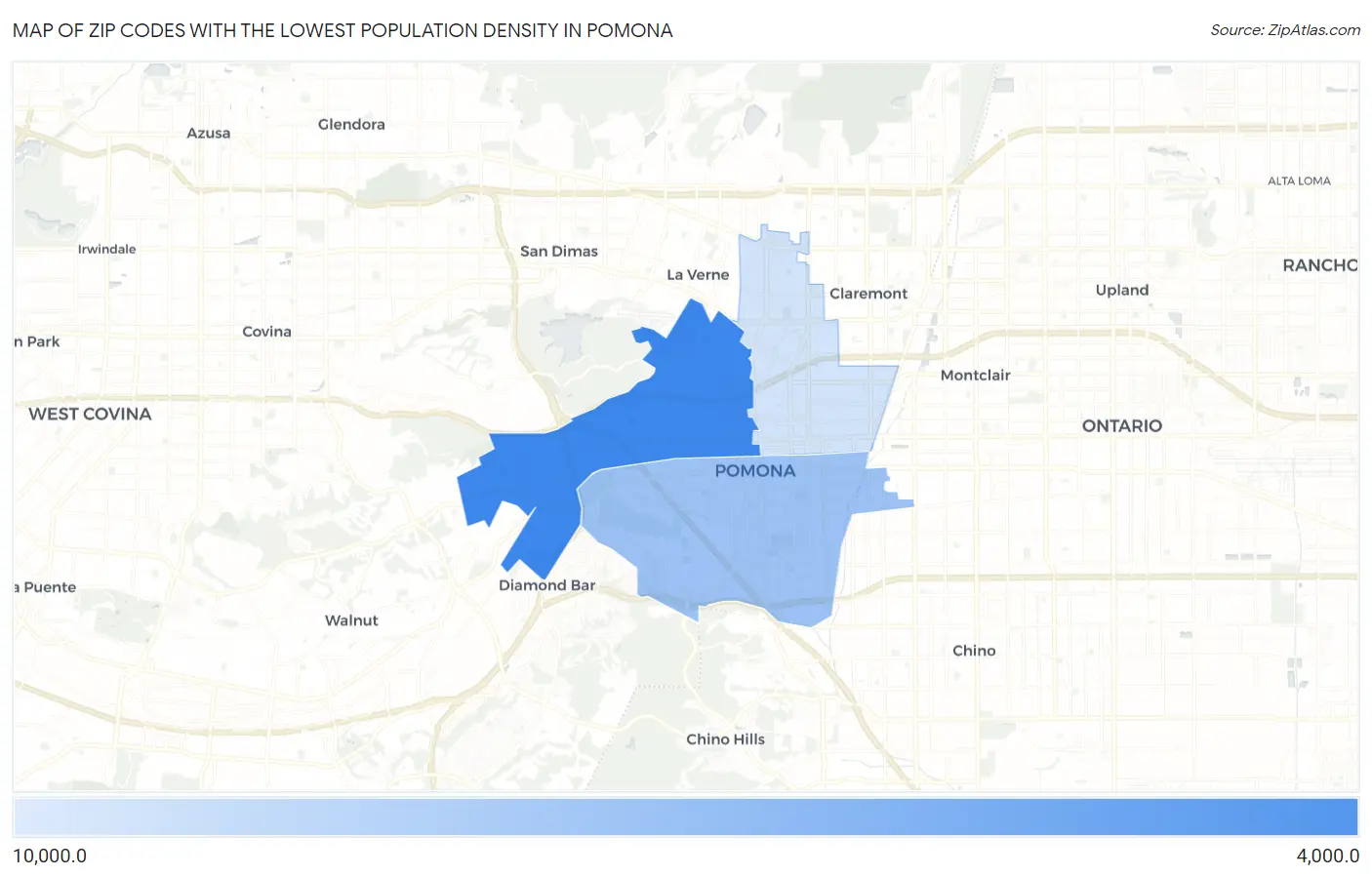 Zip Codes with the Lowest Population Density in Pomona Map