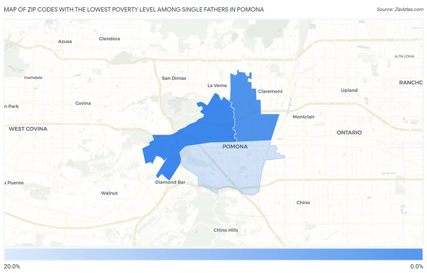 Zip Codes with the Lowest Poverty Level Among Single Fathers in Pomona Map