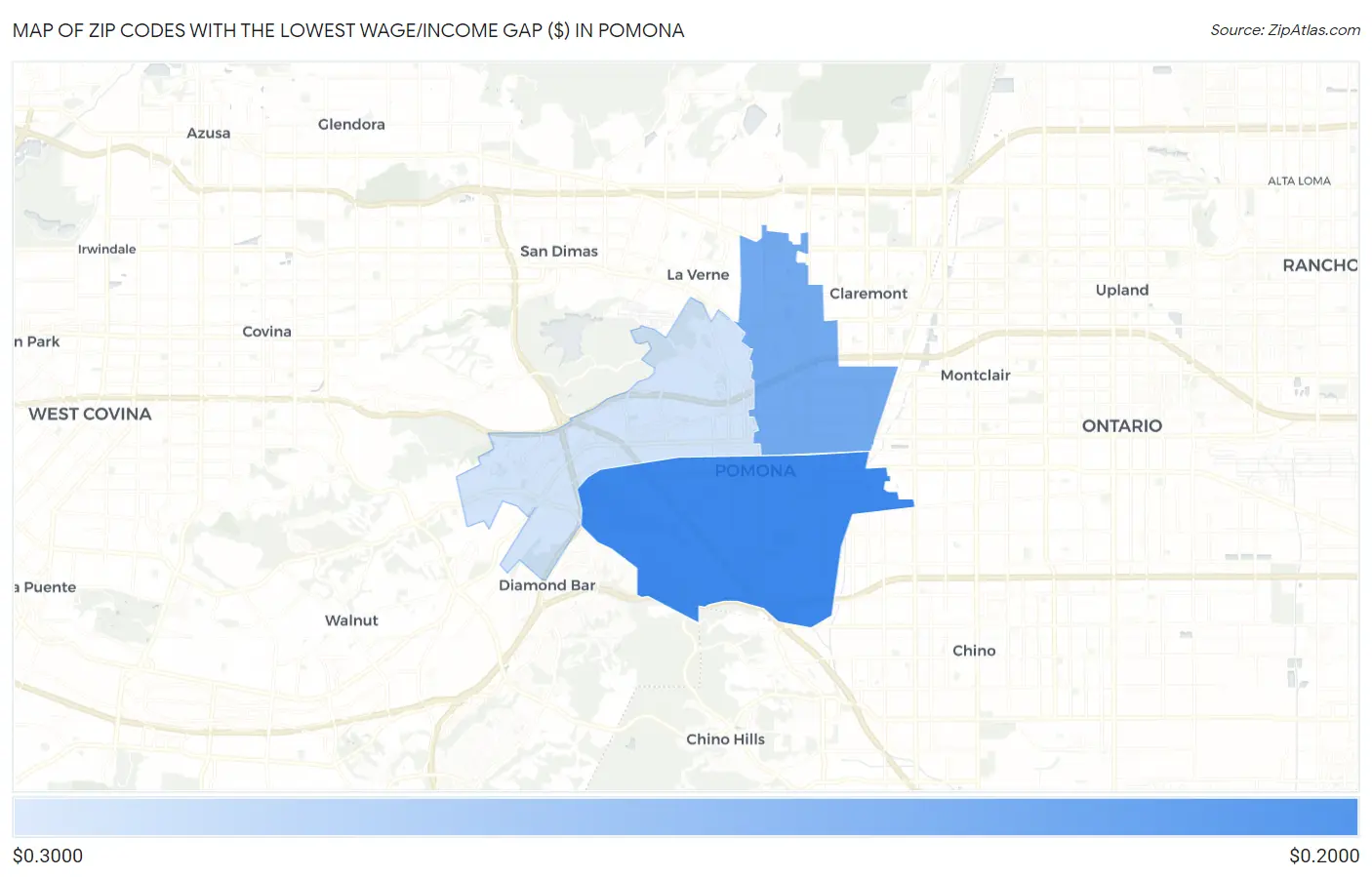 Zip Codes with the Lowest Wage/Income Gap ($) in Pomona Map