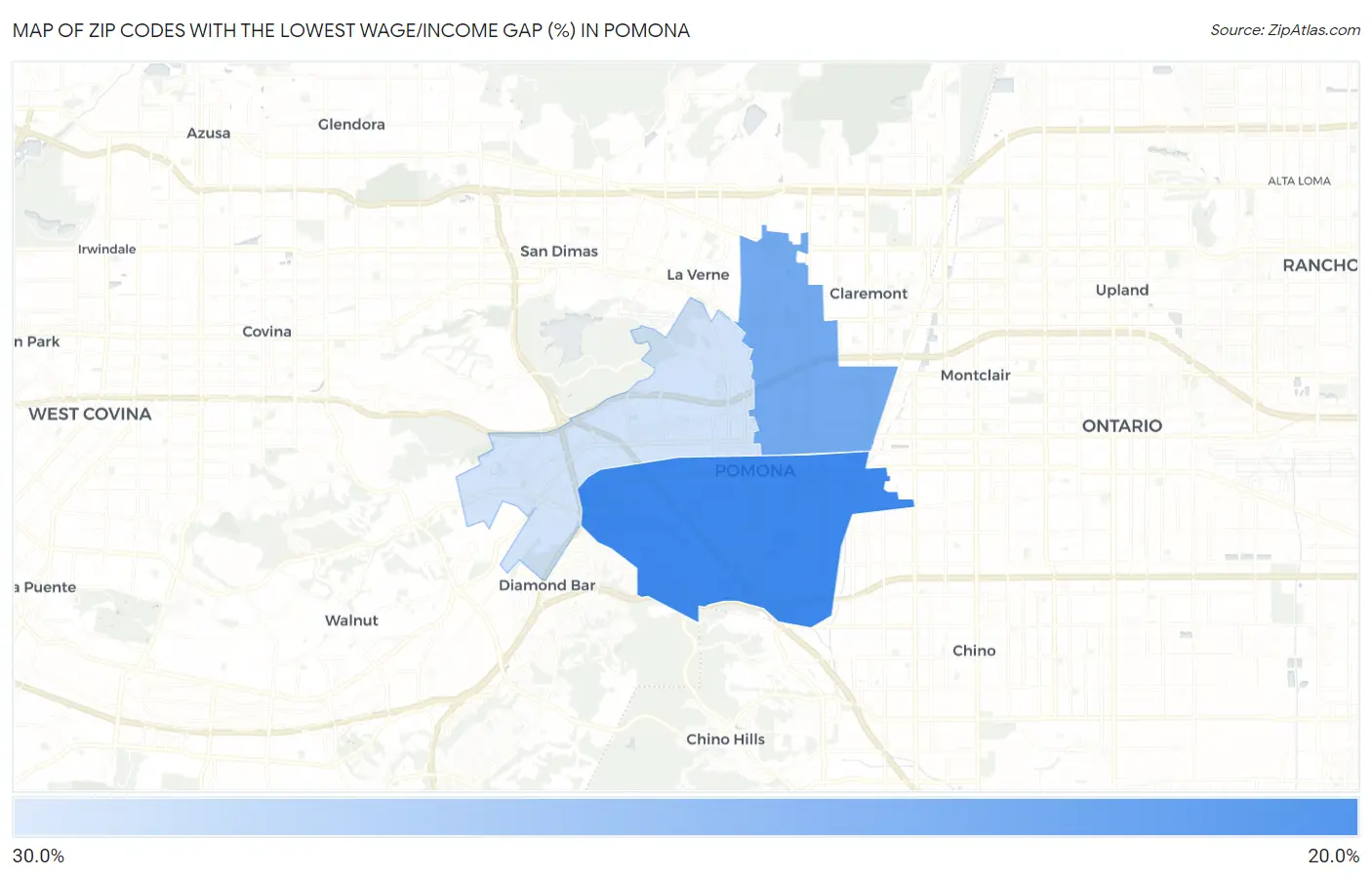 Zip Codes with the Lowest Wage/Income Gap (%) in Pomona Map
