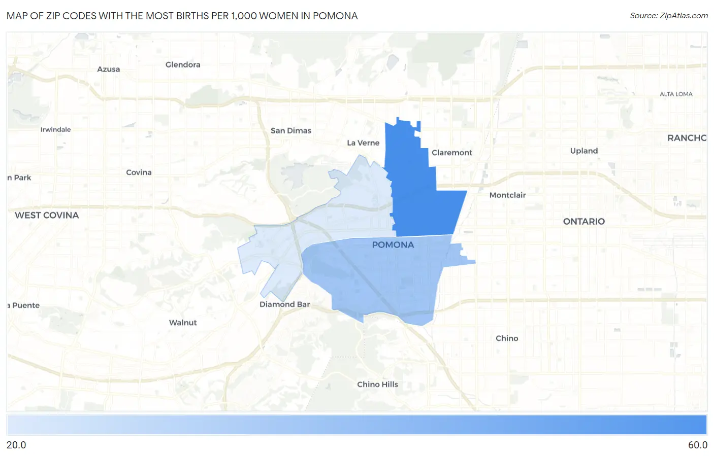 Zip Codes with the Most Births per 1,000 Women in Pomona Map