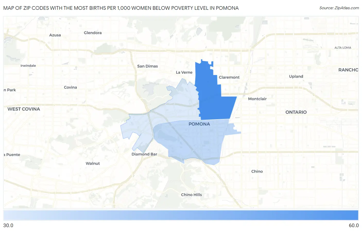 Zip Codes with the Most Births per 1,000 Women Below Poverty Level in Pomona Map