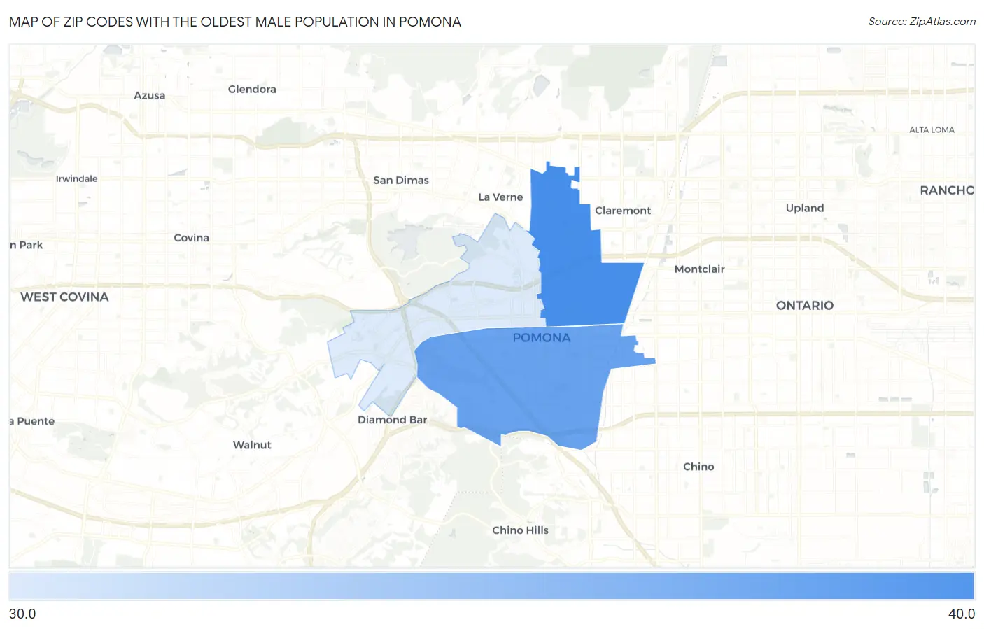 Zip Codes with the Oldest Male Population in Pomona Map