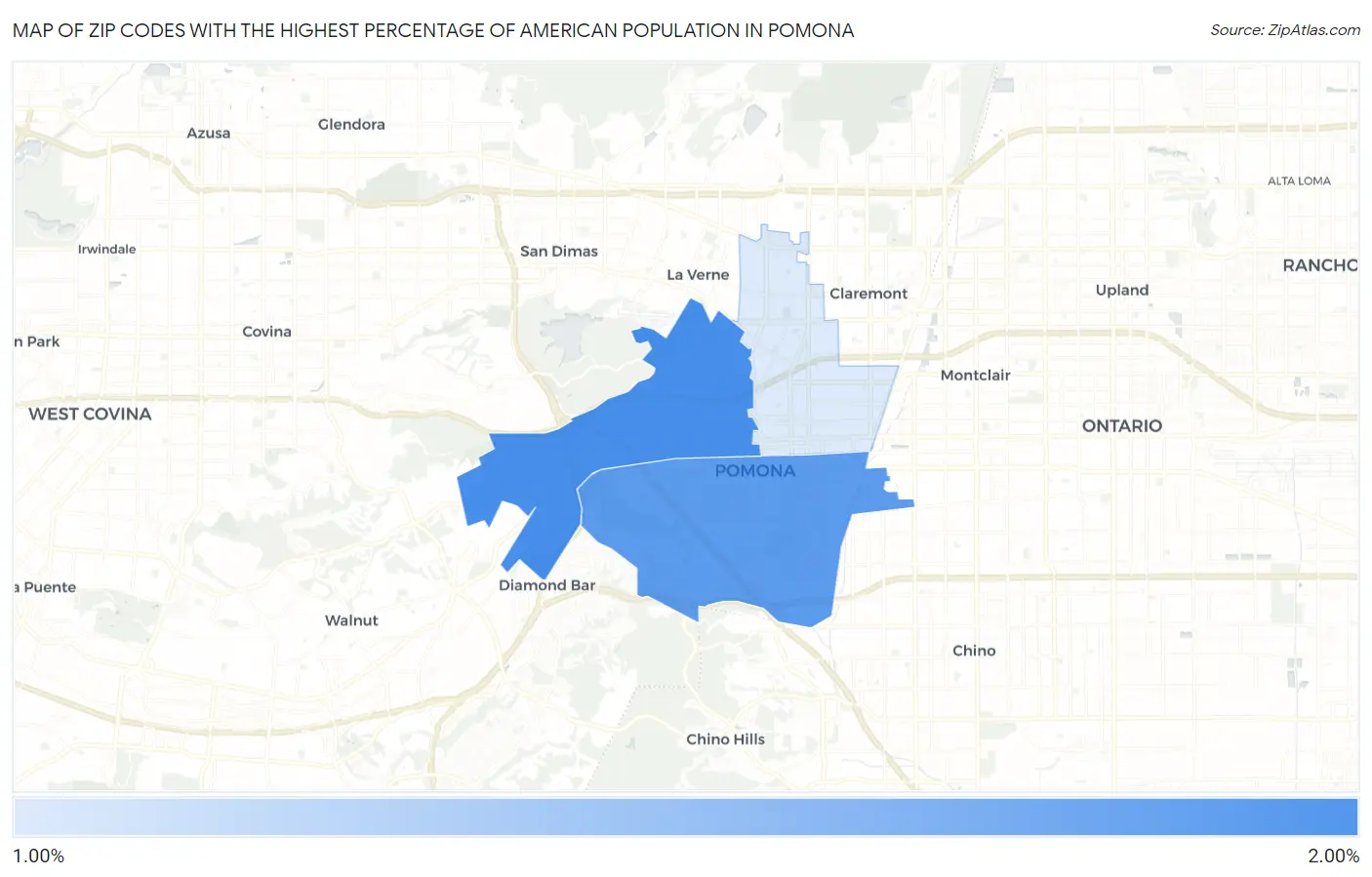 Zip Codes with the Highest Percentage of American Population in Pomona Map