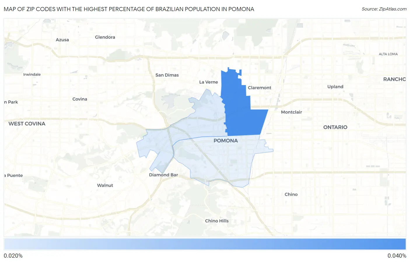 Zip Codes with the Highest Percentage of Brazilian Population in Pomona Map