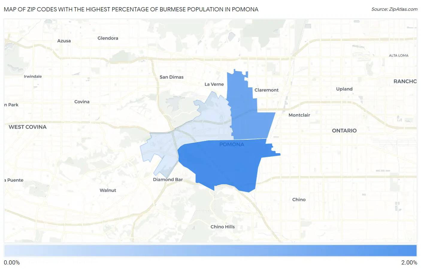 Zip Codes with the Highest Percentage of Burmese Population in Pomona Map