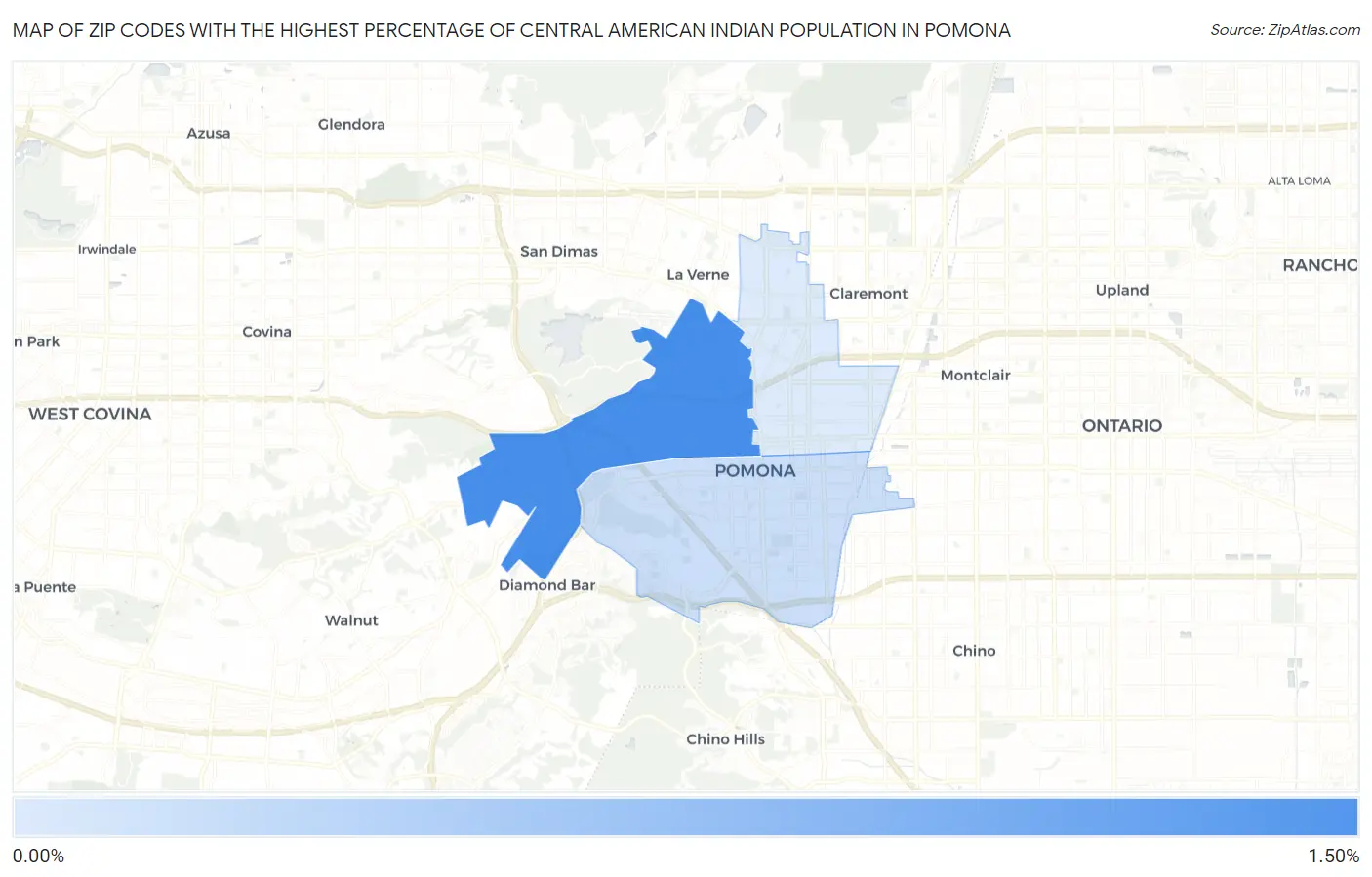 Zip Codes with the Highest Percentage of Central American Indian Population in Pomona Map