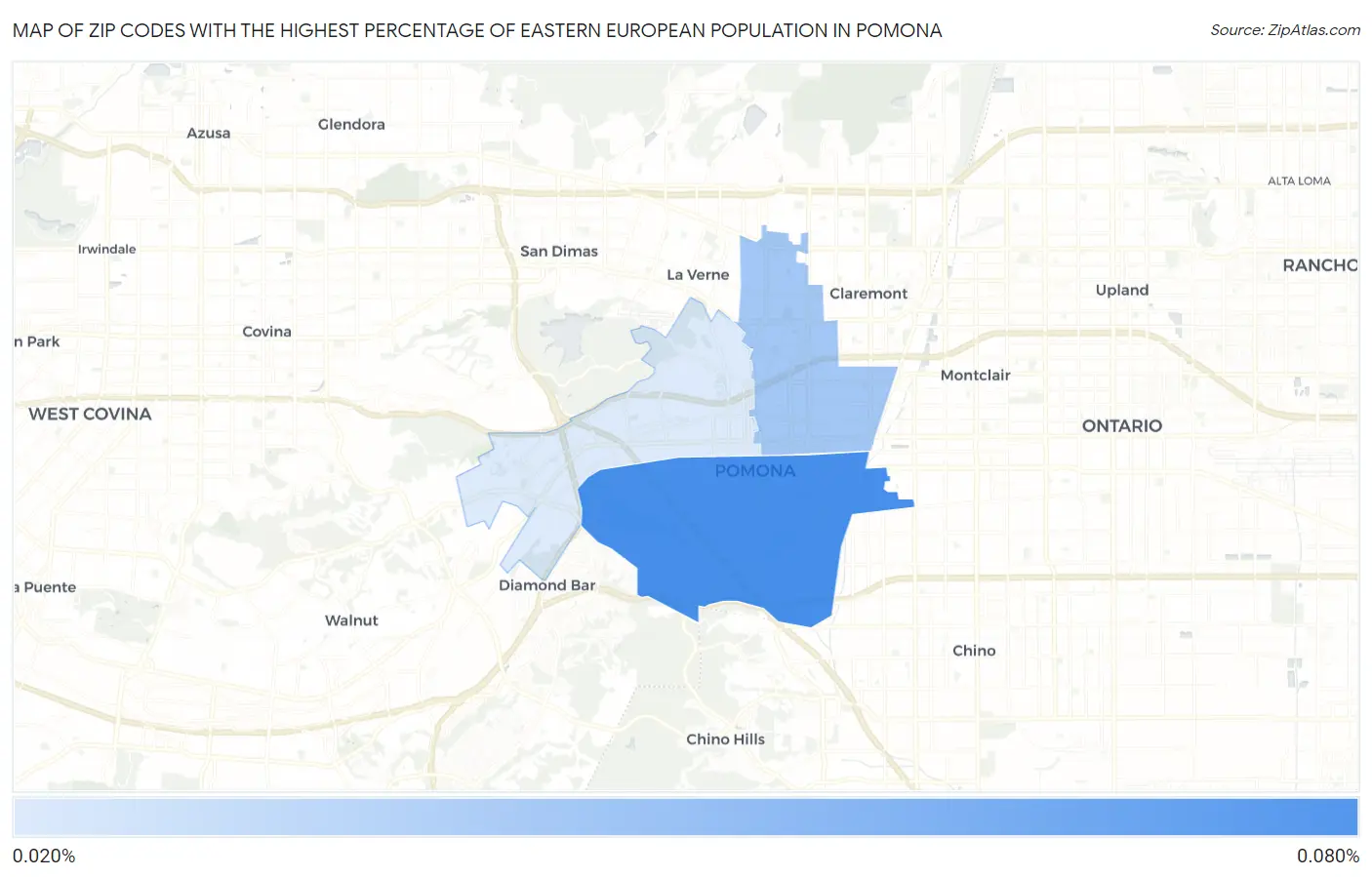 Zip Codes with the Highest Percentage of Eastern European Population in Pomona Map