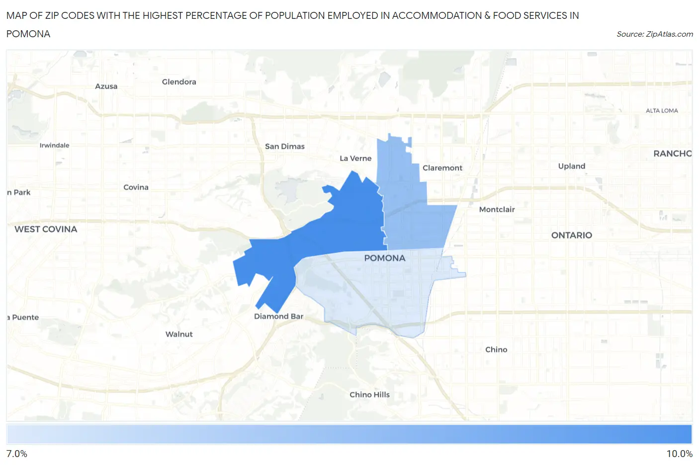 Zip Codes with the Highest Percentage of Population Employed in Accommodation & Food Services in Pomona Map