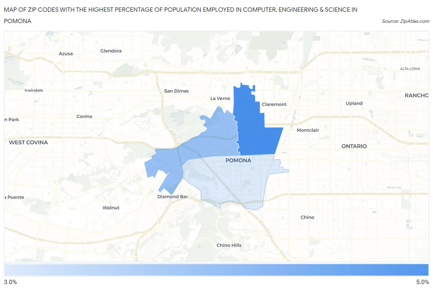 Zip Codes with the Highest Percentage of Population Employed in Computer, Engineering & Science in Pomona Map