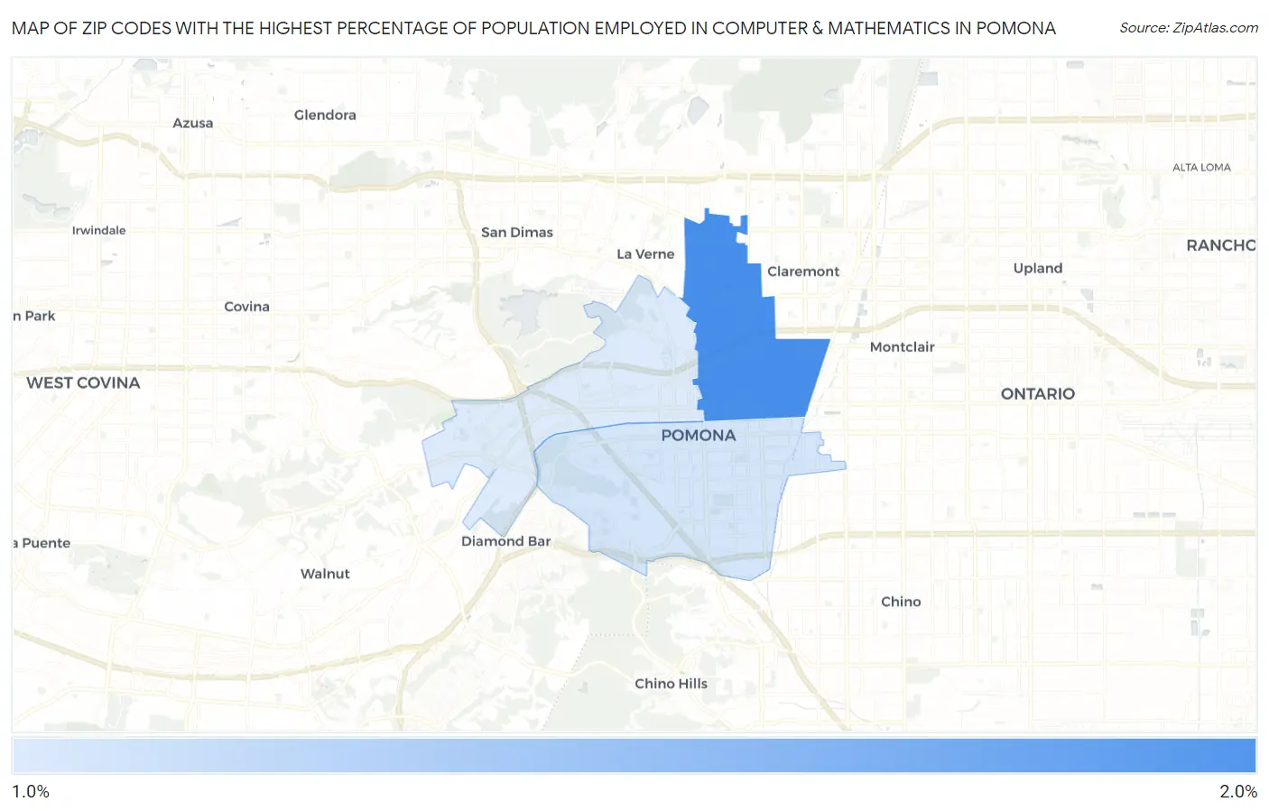 Zip Codes with the Highest Percentage of Population Employed in Computer & Mathematics in Pomona Map