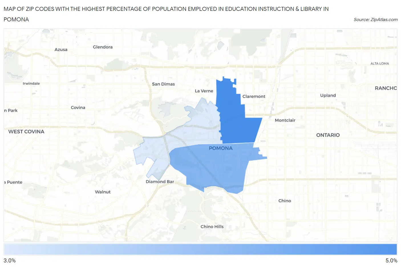 Zip Codes with the Highest Percentage of Population Employed in Education Instruction & Library in Pomona Map