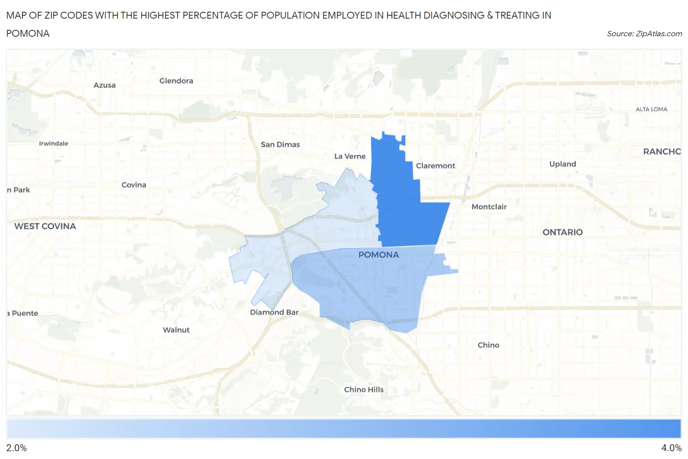 Zip Codes with the Highest Percentage of Population Employed in Health Diagnosing & Treating in Pomona Map