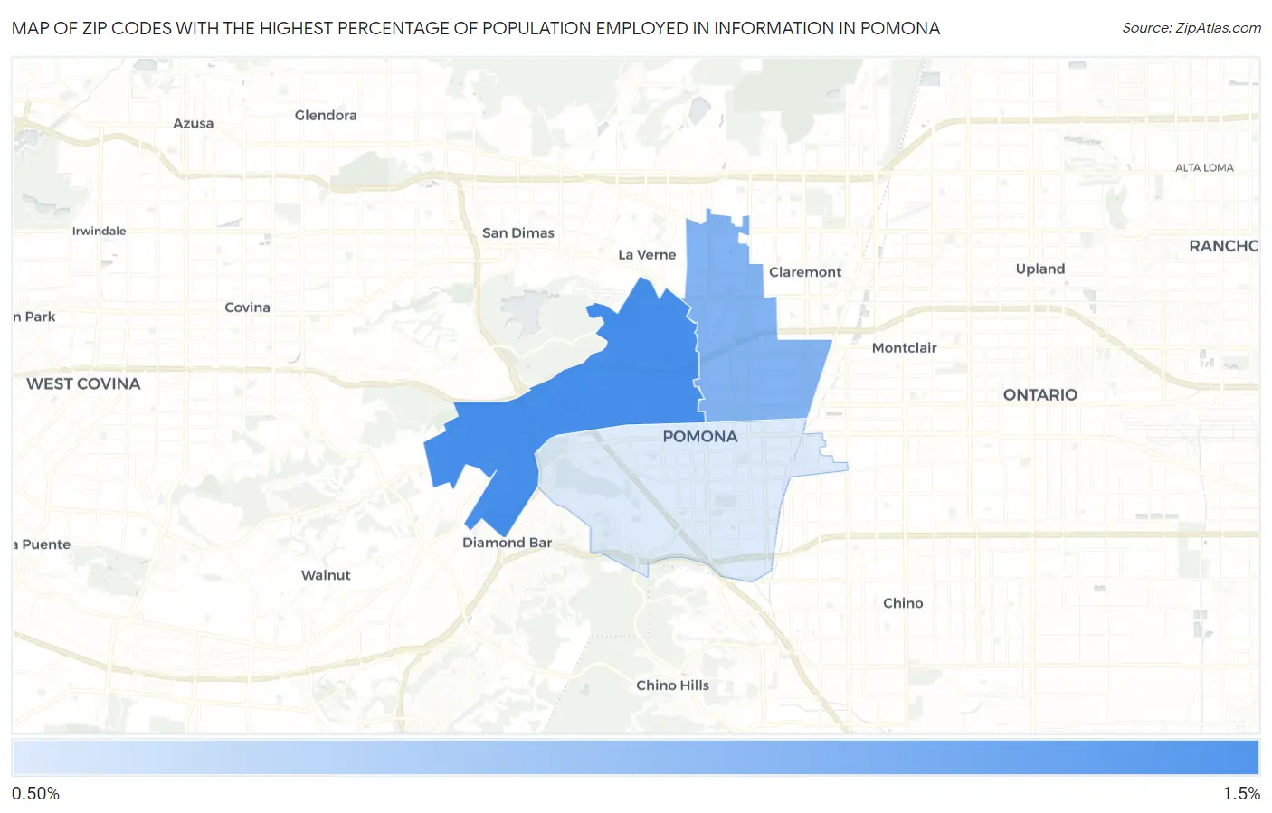 Zip Codes with the Highest Percentage of Population Employed in Information in Pomona Map