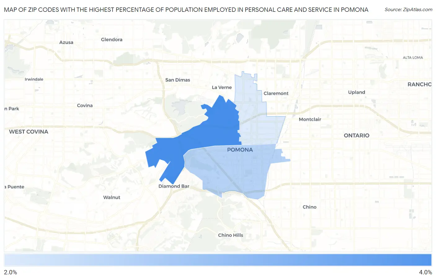 Zip Codes with the Highest Percentage of Population Employed in Personal Care and Service in Pomona Map