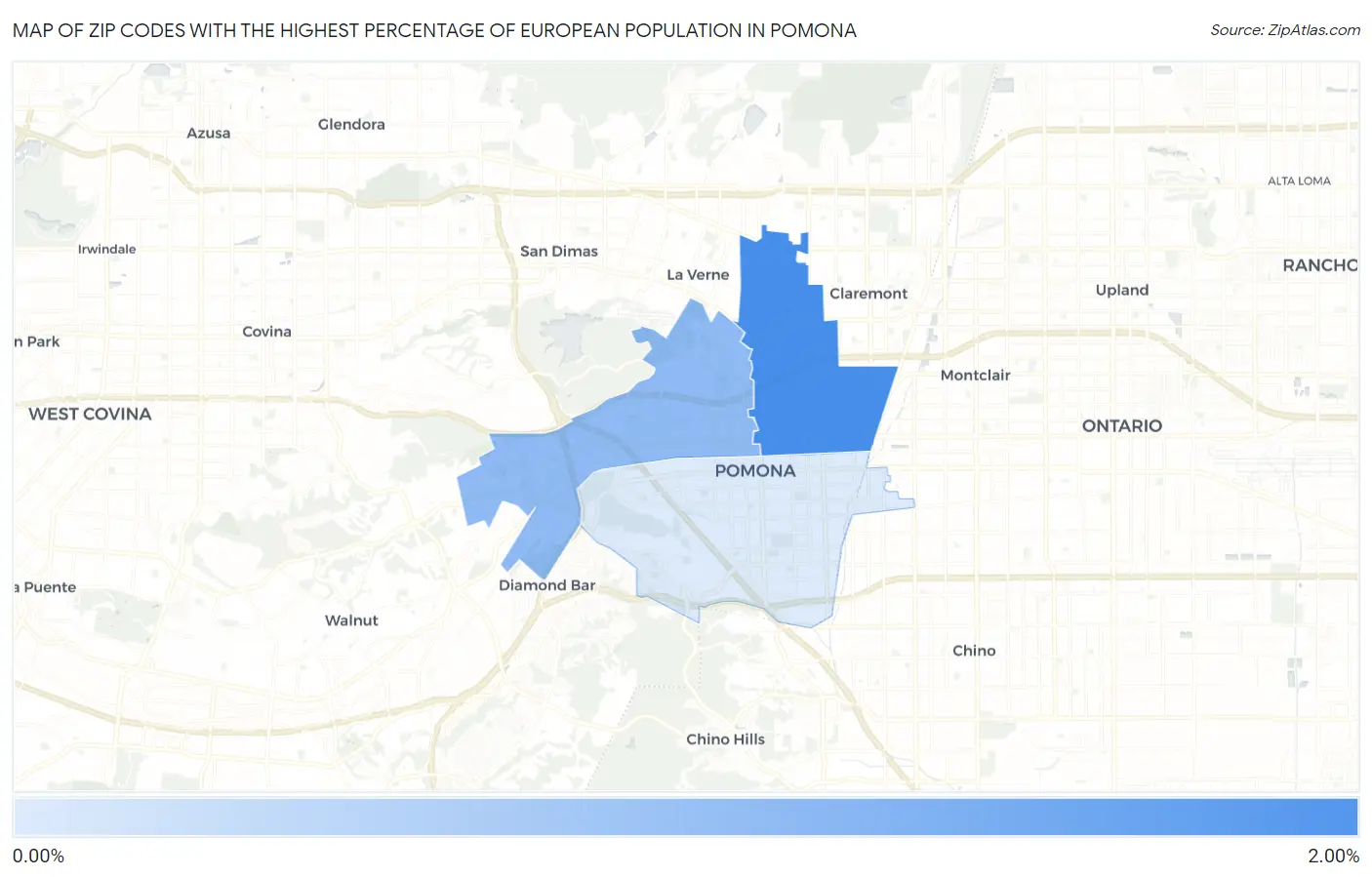 Zip Codes with the Highest Percentage of European Population in Pomona Map