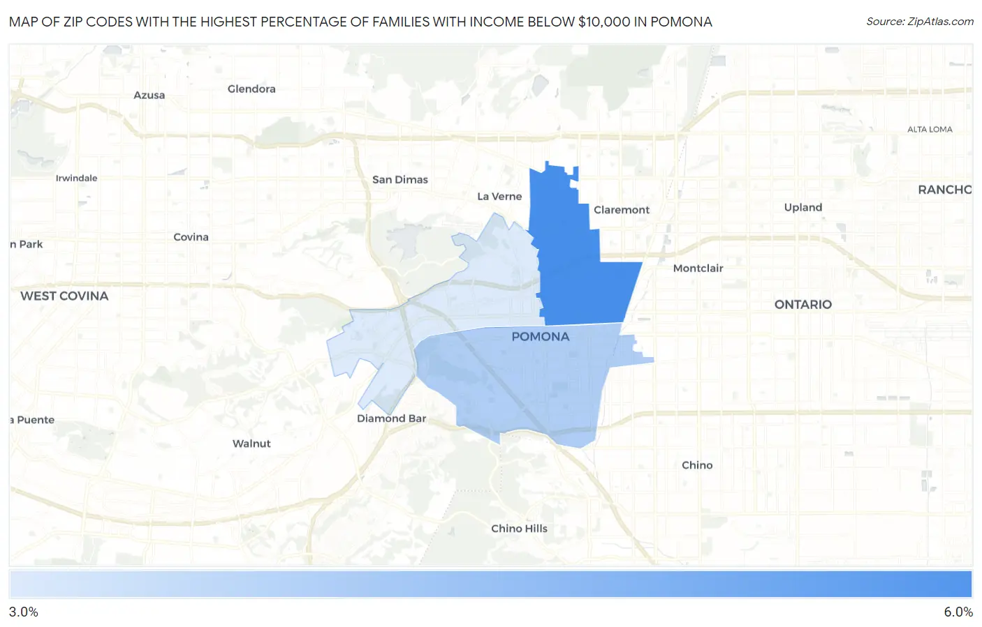 Zip Codes with the Highest Percentage of Families with Income Below $10,000 in Pomona Map