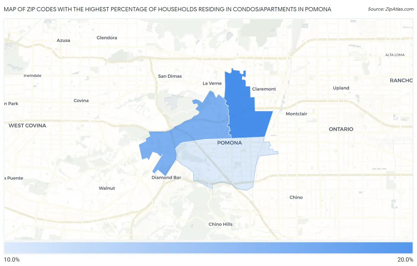 Zip Codes with the Highest Percentage of Households Residing in Condos/Apartments in Pomona Map