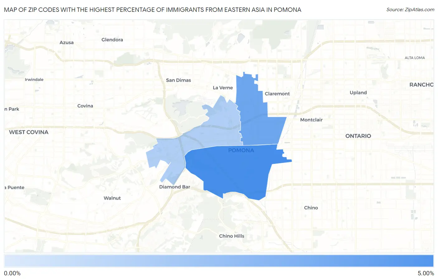 Zip Codes with the Highest Percentage of Immigrants from Eastern Asia in Pomona Map