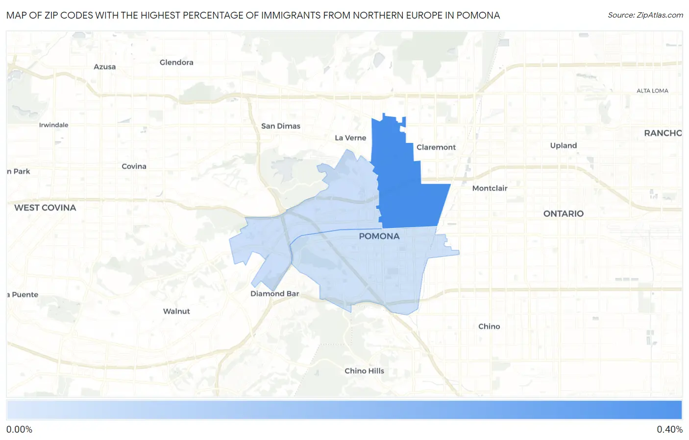 Zip Codes with the Highest Percentage of Immigrants from Northern Europe in Pomona Map