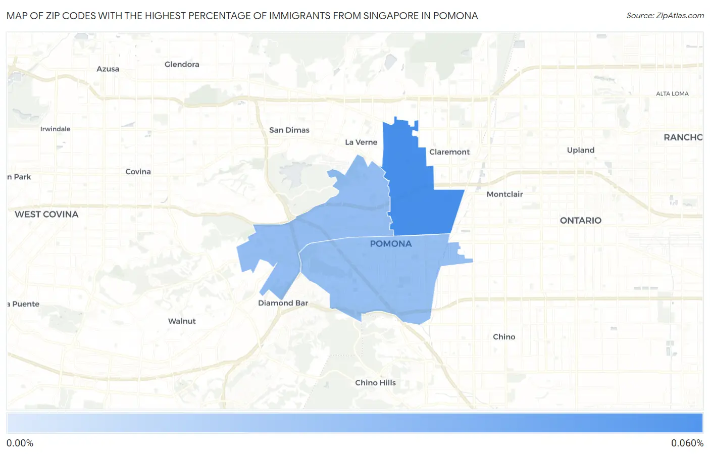 Zip Codes with the Highest Percentage of Immigrants from Singapore in Pomona Map