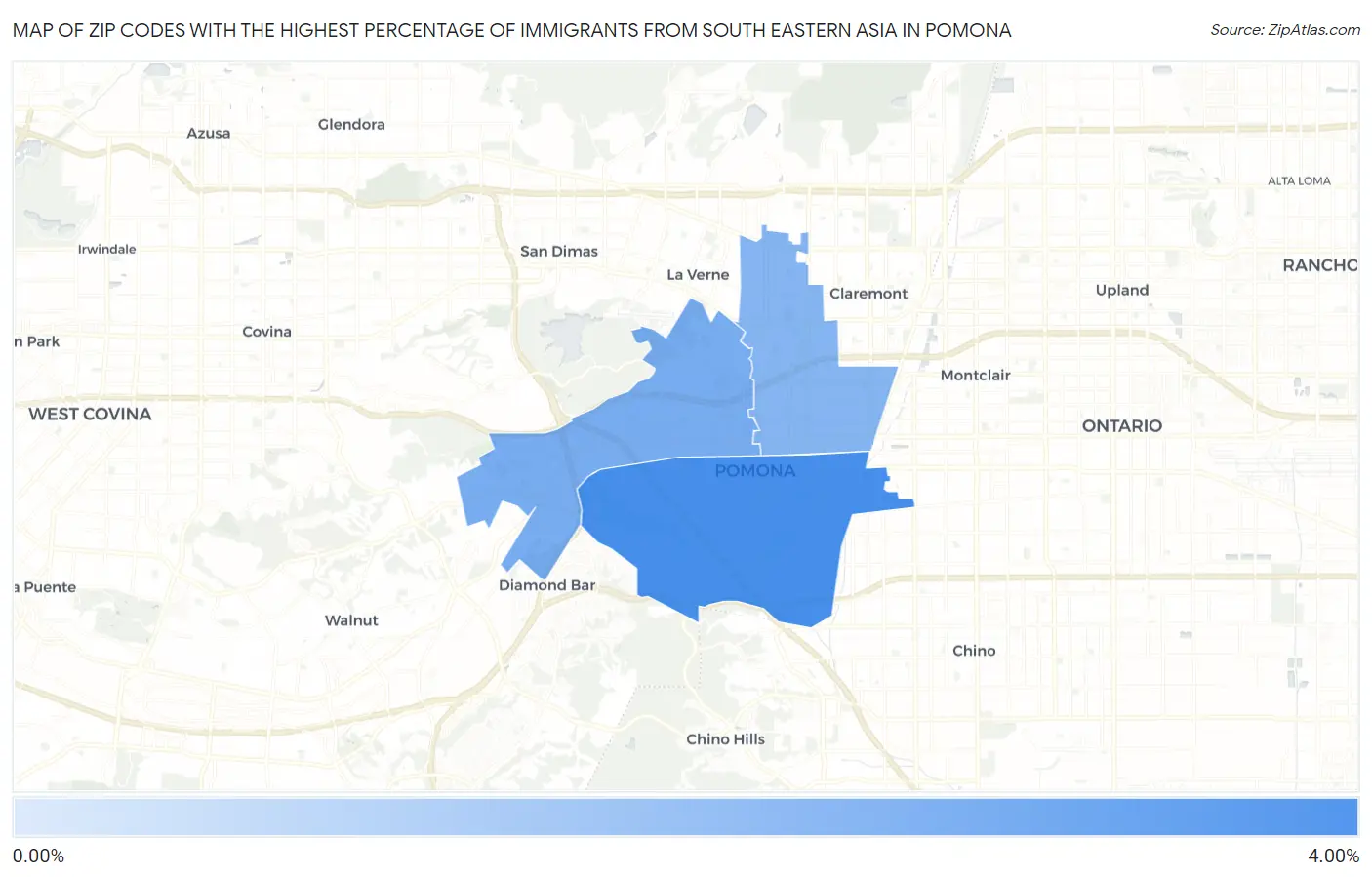 Zip Codes with the Highest Percentage of Immigrants from South Eastern Asia in Pomona Map