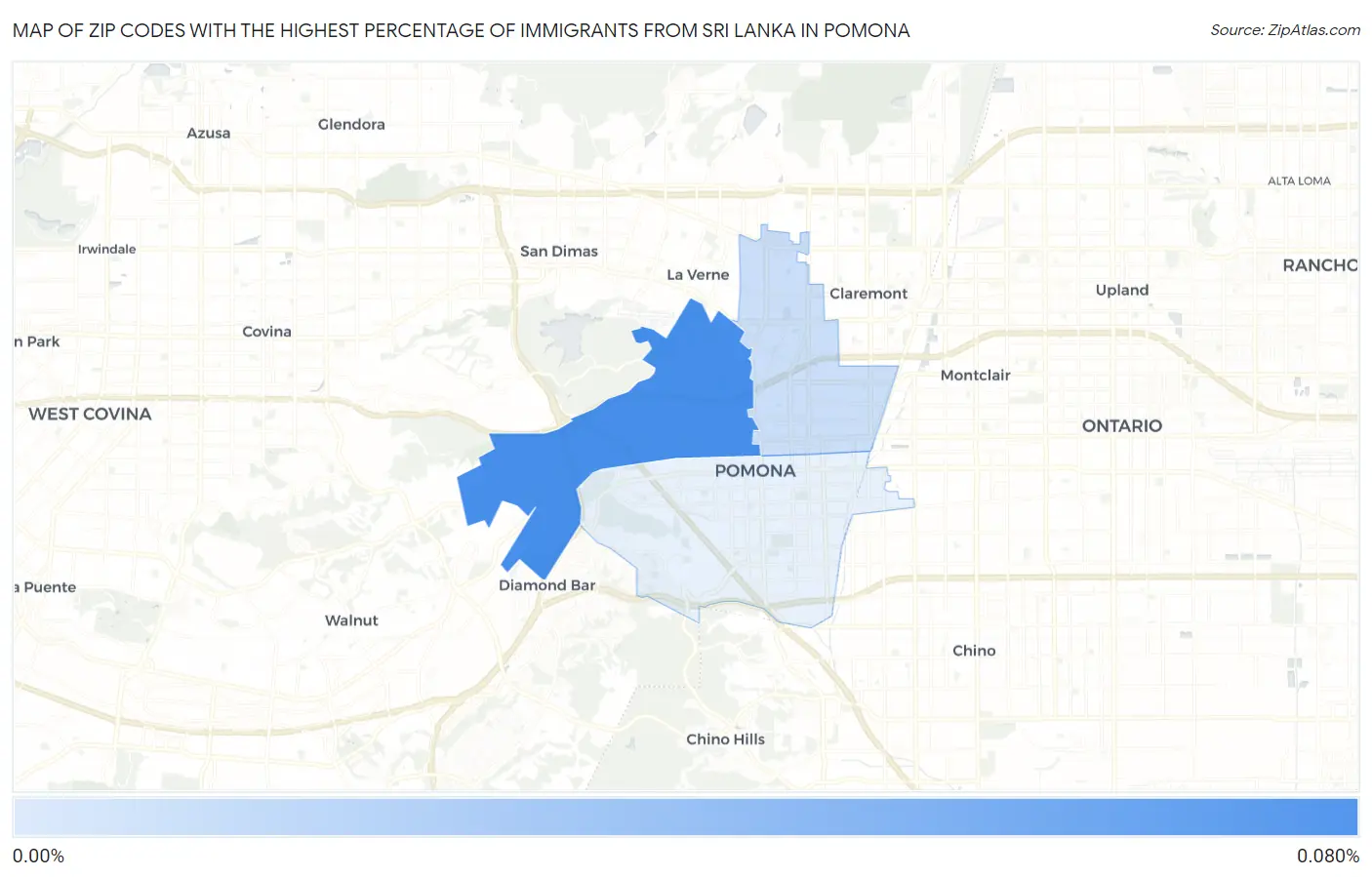 Zip Codes with the Highest Percentage of Immigrants from Sri Lanka in Pomona Map