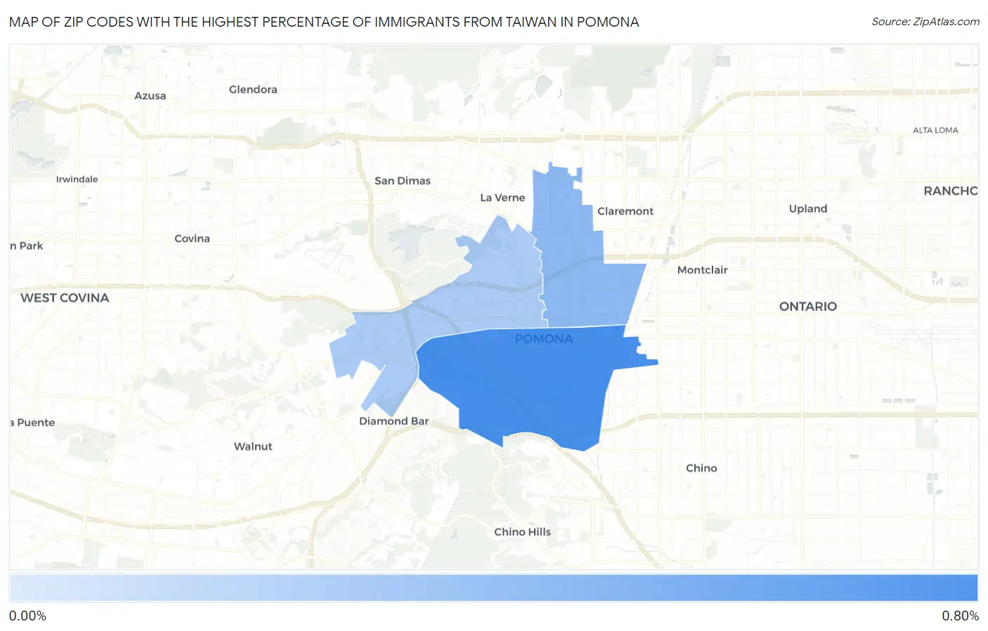 Zip Codes with the Highest Percentage of Immigrants from Taiwan in Pomona Map