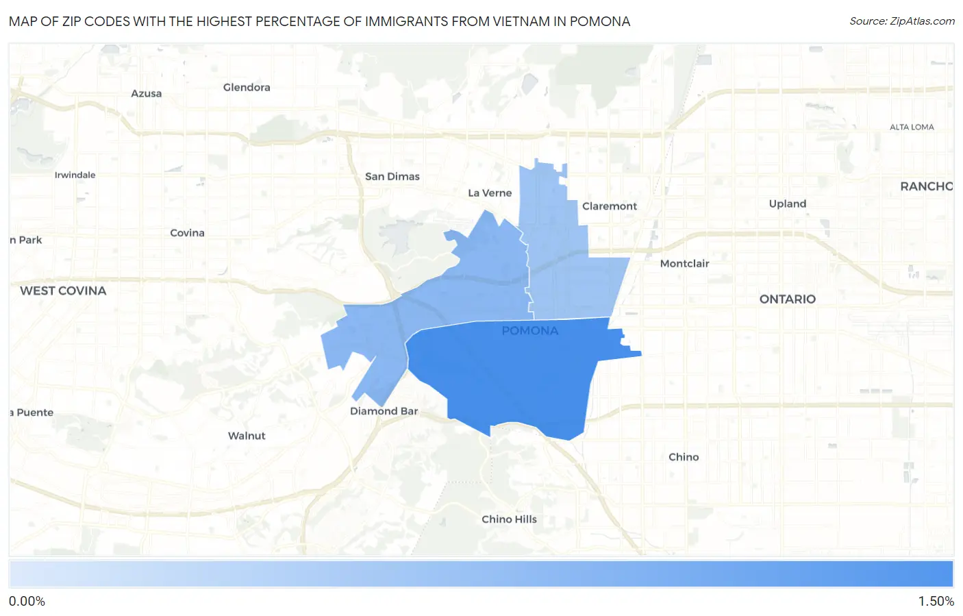 Zip Codes with the Highest Percentage of Immigrants from Vietnam in Pomona Map