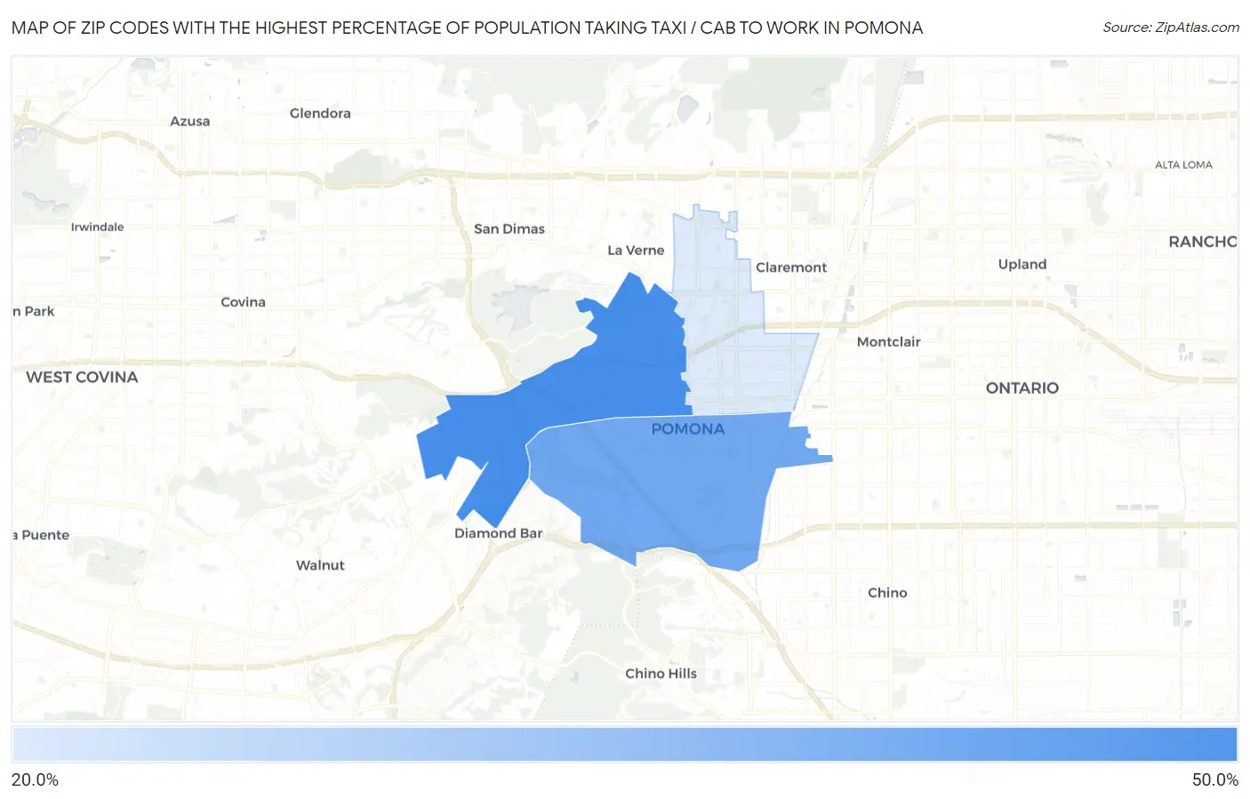 Zip Codes with the Highest Percentage of Population Taking Taxi / Cab to Work in Pomona Map