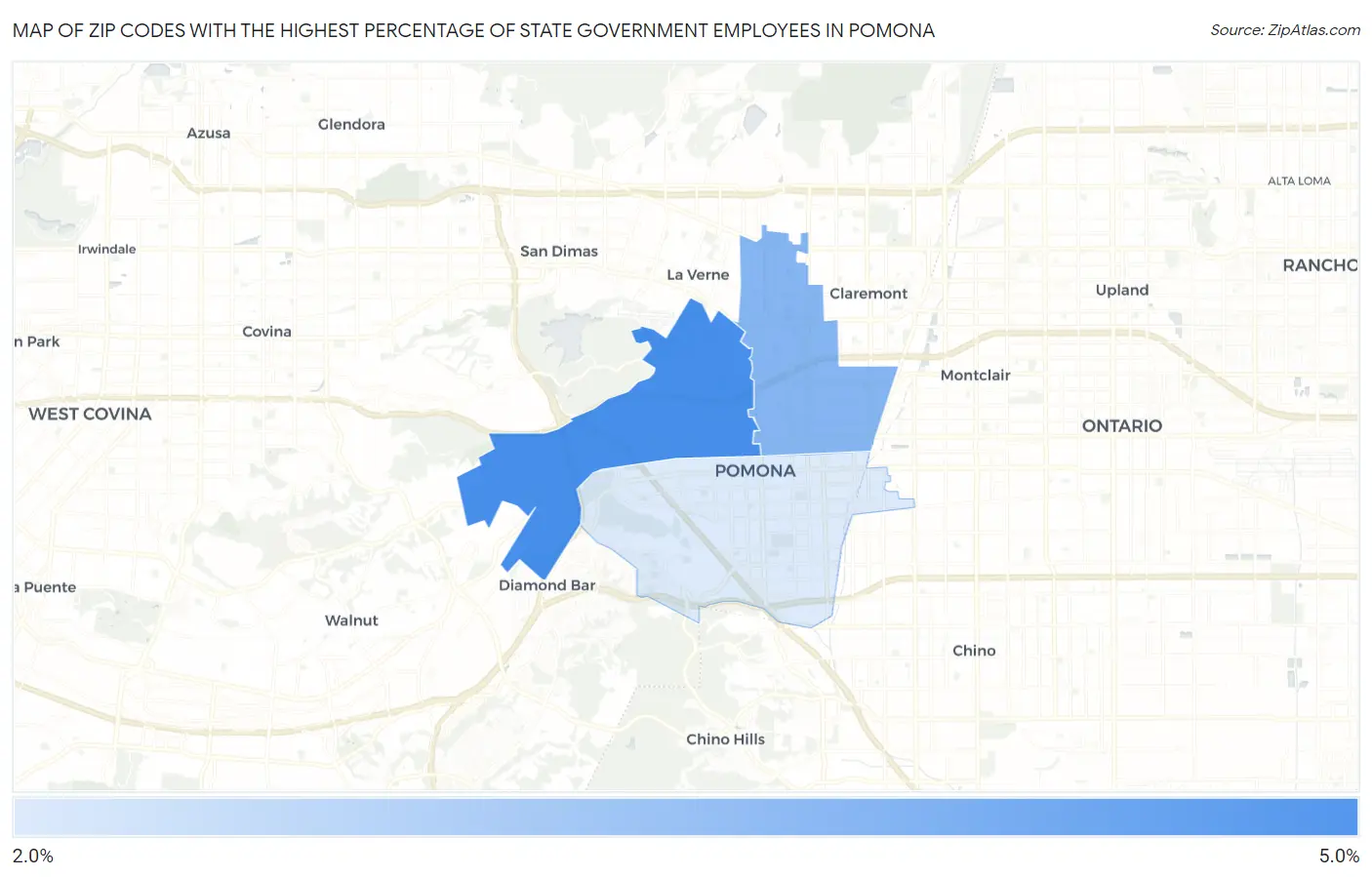 Zip Codes with the Highest Percentage of State Government Employees in Pomona Map