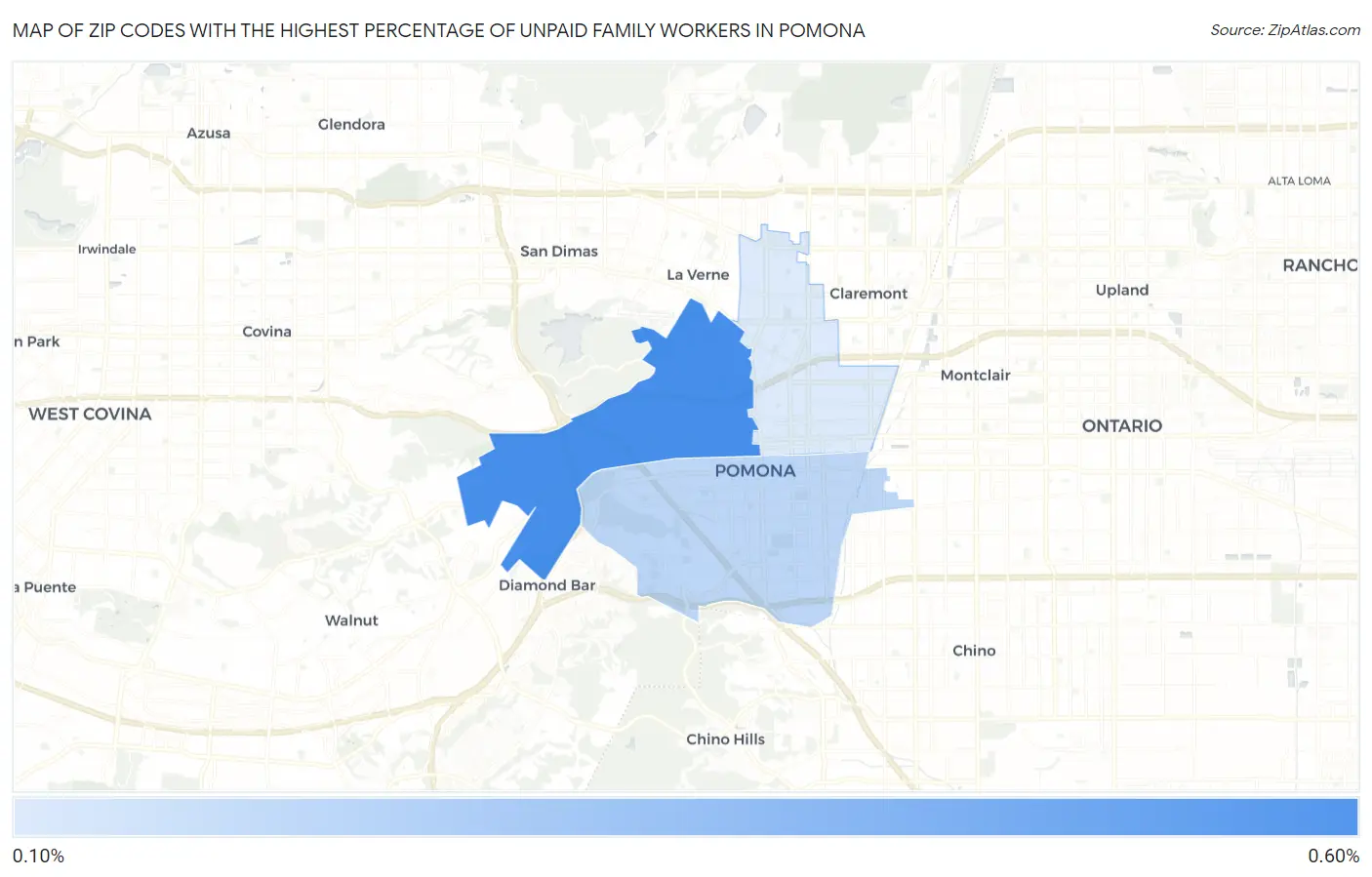 Zip Codes with the Highest Percentage of Unpaid Family Workers in Pomona Map