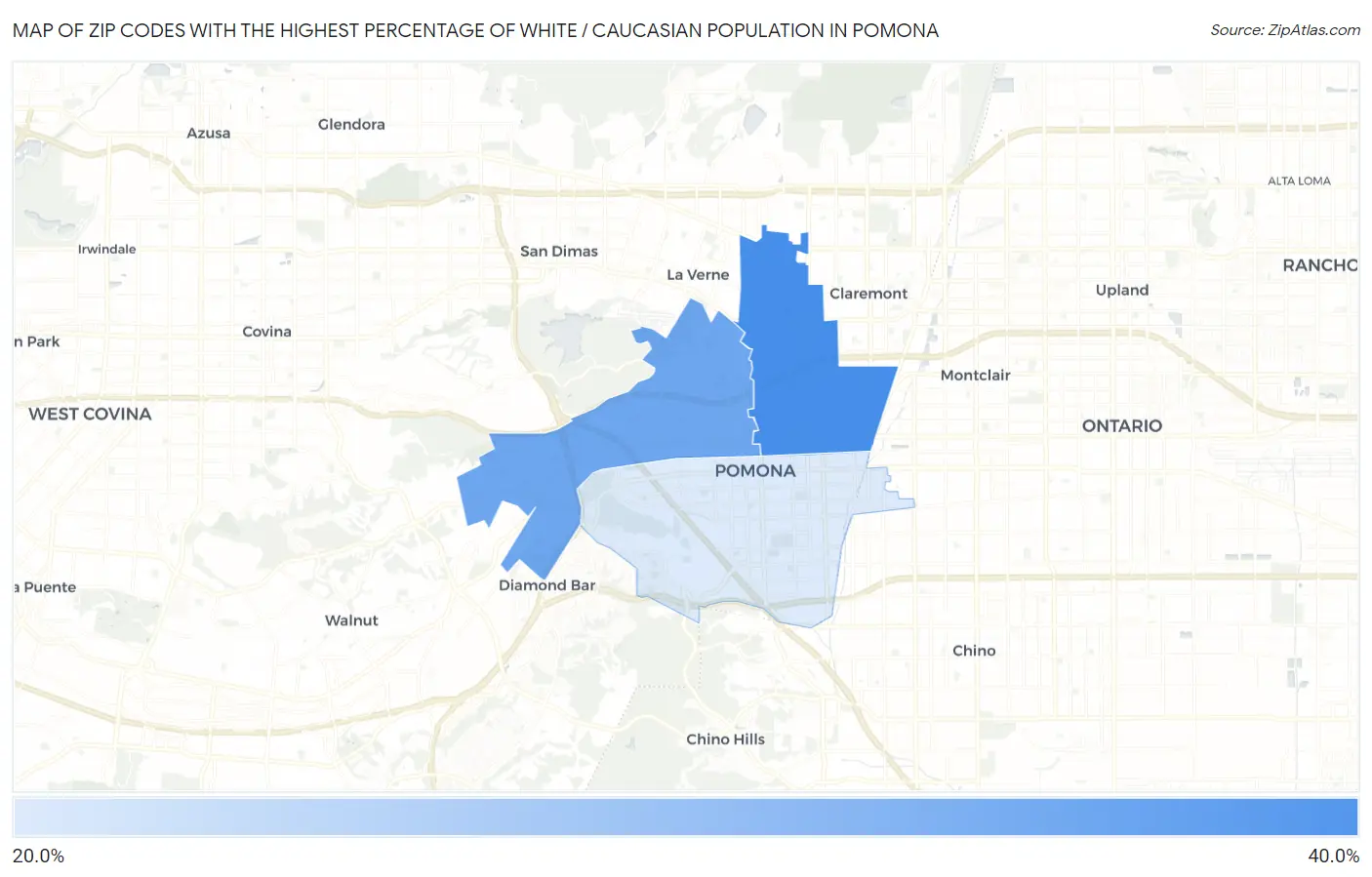 Zip Codes with the Highest Percentage of White / Caucasian Population in Pomona Map