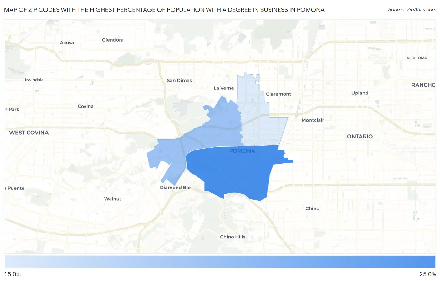 Zip Codes with the Highest Percentage of Population with a Degree in Business in Pomona Map